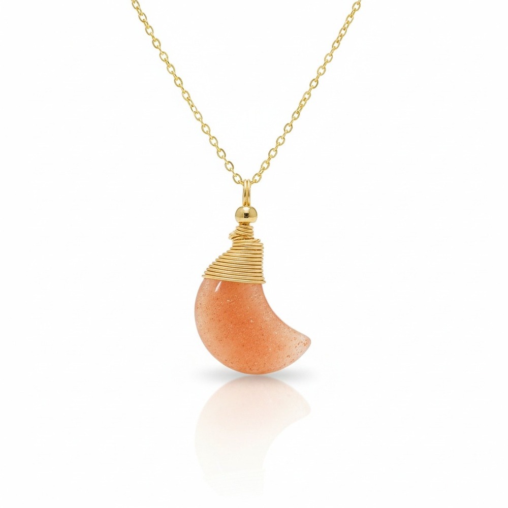 Gold Tone Crescent Moon Pendant Necklace‎ Orange Sunstone Crystal Wire Wrapped